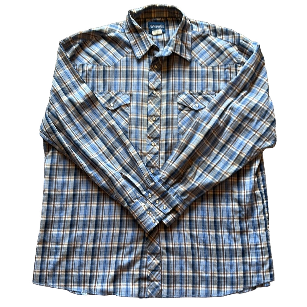 Wrangler Mens Vintage XL Blue Plaid Long Sleeve Western Shirt